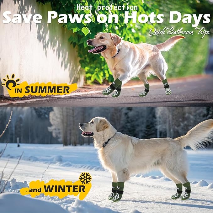 EXPAWLORER Anti Slip Dog Socks to Prevent Licking Paws, Shoes for Hot Pavement, Dog Booties for Small Medium Large Senior Dogs, Traction Control Boots & Paw Protectors for Hardwood Floors ArmyGreen