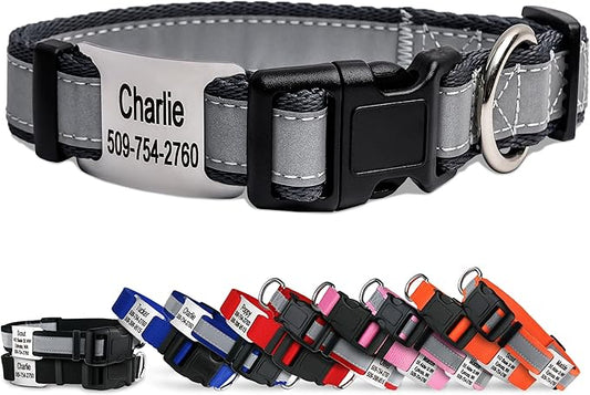 GoTags Reflective Personalized Dog Collar with Nameplate, Adjustable Dog Collar with Custom Engraved Steel Slide On Pet ID Tag, Silent, No Noise Dog Tag for Large Medium or Small (Charcoal, Medium)