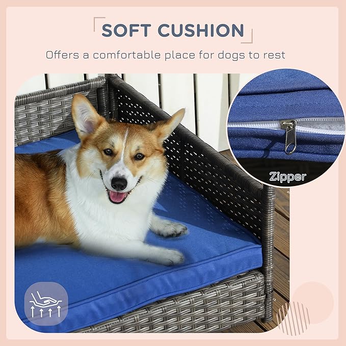PawHut Wicker Dog House Outdoor with Canopy, Rattan Dog Bed with Water-Resistant Cushion, Raised Dog Bed for Small, Medium Dogs up to 66 lbs, 19.75" in Length, Gray Wicker, Dark Blue Cushion