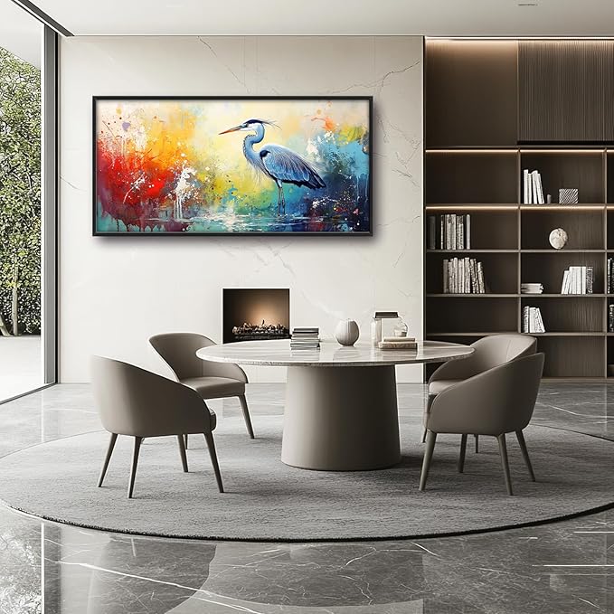 Extra Large Framed Abstract Heron Wall Art,Oversized Colorful Graffiti Heron Wall Decor Pictures for Living Room,Canvas Print Painting Modern Artwork Bedroom Office Bathroom Home Decor 60L x 30W