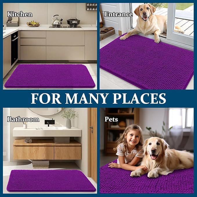 OLANLY Dog Door Mat for Muddy Paws 44x32, Absorbs Moisture and Dirt, Absorbent Non-Slip Washable Doormat, Quick Dry Chenille Mud Mat for Dogs, Entry Indoor Entryway Carpet for Inside Floor, Purple