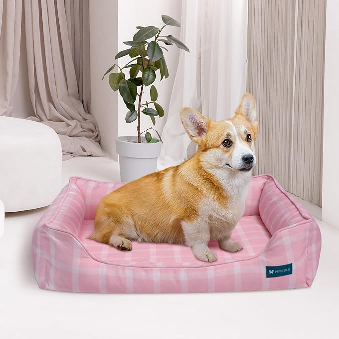 Orthopedic Bolster Dog Bed – CertiPUR-US Foam, Recycled Polyester Canvas, Washable Cover, Anti-Slip Bottom, Large, Pink Check – Stylish Designer Dog Sofa