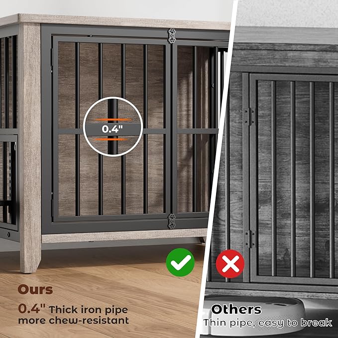 Lulive Dog Crate Furniture, Wooden Dog Kennel Indoor with Adjustable 360°& Height Dog Bowls, Double Doors Furniture Dog Crates End Table for Small/Medium 31.5" L*22.5" W*25.6" H, Grey