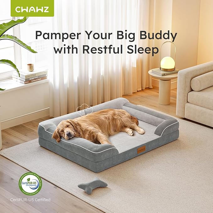 Jumbo Dog Beds for Extra Large Dogs, Orthopedic Dog Bed with Cooling Gel Memory Foam, Waterproof Pet Bed with Removable Washable Cover, 45" Pet Sofa Couch Velvet with Bone Toy, Light Gray