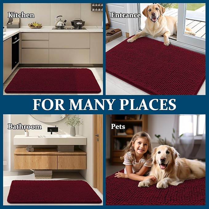 OLANLY Dog Door Mat for Muddy Paws 70x24, Absorbs Moisture and Dirt, Absorbent Non-Slip Washable Doormat, Quick Dry Chenille Mud Mat for Dogs, Entry Indoor Entryway Carpet for Inside Floor, Burgundy