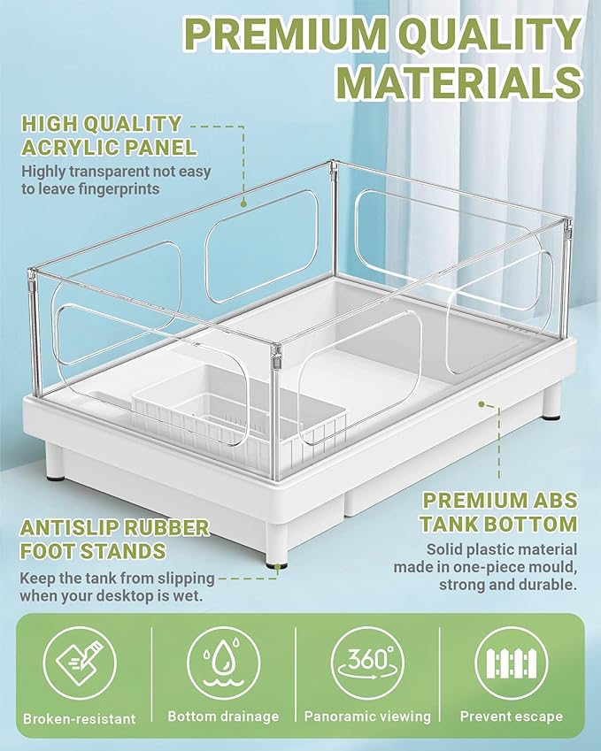 GOZILLA Small Turtle Tank, Acrylic Turtle Tank Starter Kit, Reptile Habitat and Terrarium with Multi-Functional Areas for Tortoise, Crab, Crayfish, Small Reptile.(Black Tank)