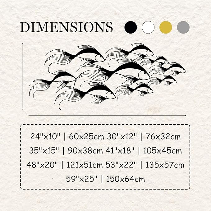 School of Fish Metal Wall Art, Metal Fish Wall Decor, Sea Life Wall Art, Large Nautical Wall Hanging, Modern Beach House Wall Decor, Ocean Themed Artwork for Bathroom (Black, 48"x20" | 121x51cm)