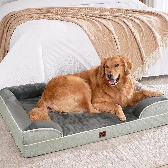 EHEYCIGA Orthopedic Dog Beds for Extra Large Dogs, Waterproof Memory Foam XL Dog Bed with Sides, Non-Slip Bottom and Egg-Crate Foam Big Pet Couch Bed with Washable Removable Cover, Greyish Green