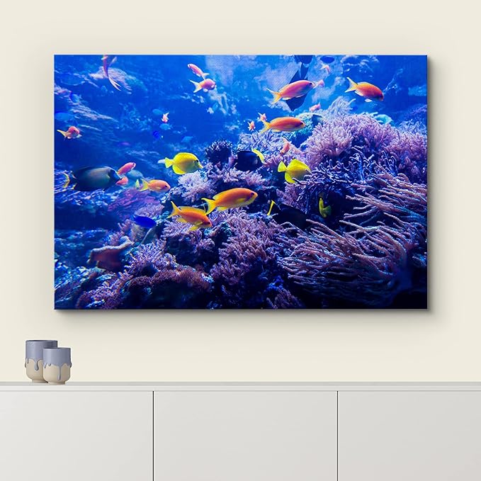 wall26 Canvas Print Wall Art Purple Blue Vibrant Anemone Coral Reef Fish Nature Animals Photography Realism Rustic Scenic Landscape Wilderness Colorful for Living Room, Bedroom, Office - 12"x18"
