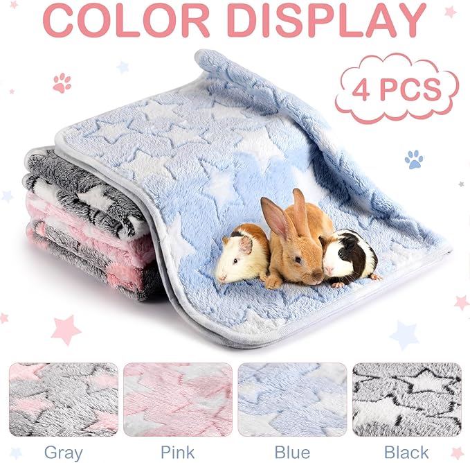 Reginary 4 Pcs Waterproof Guinea Pig Blankets Washable Small Animal Fleece Bedding Absorbent Guinea Pig Cage Liners Reusable Pet Pee Pad Sleep Mat for Hamster Ferret(Cute Star Pattern,35 x 24 Inch)