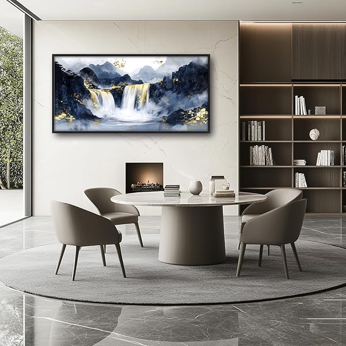Extra Large Abstract Golden Waterfall Framed Wall Art for Living Room,Oversized Foggy Mountain Pictures Wall Decor,Canvas Print Painting Modern Artwork Bedroom Office Bathroom 60L" x 30W"