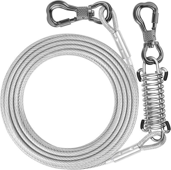 Tresbro 20 FT Dog Tie Out Cable with Spring, Shock Absorbing Tether Chains for Outside Aavilable in 10/15/20/25/30/40/50/70/100/120 FT, Heavy Duty Leads for Yard for Medium & Large Dogs Up to 500 LBS