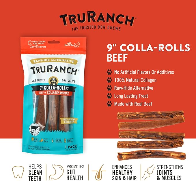 Collagen Rolls - 9" Collagen Rolls for Dogs - Long Lasting Healthy Joint Support - Rawhide Alternative - Skin & Coat Health - Made with Real Beef, Value Pack, 3 Bags, 9 Count