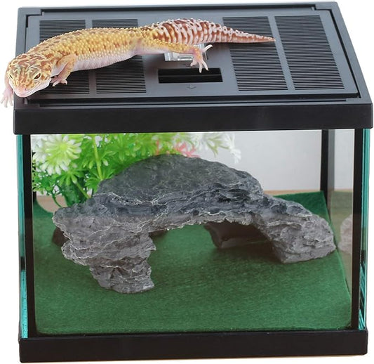 crapelles Glass Lizard Tank, Spider Box Kit, 7.8x7.8x5.9'' Tarantula Feeder Insects Beetle Habitat, Amphibians Terrarium for Small Pet, with Washable Mat, Resin Rock Shape Hideout, Artificial Flower