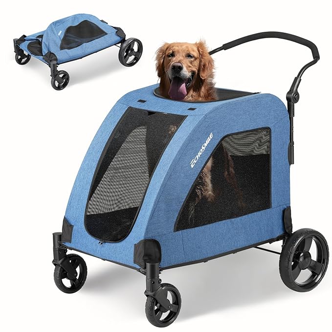 EchoSmile Heavy-Duty Large Dog Stroller with Shock-Absorbing Wheels, Foldable Pet Travel Carrier for Medium & Large Dogs, 5 Mesh Windows, 160 lbs Capacity, Easy Assembly & Storage