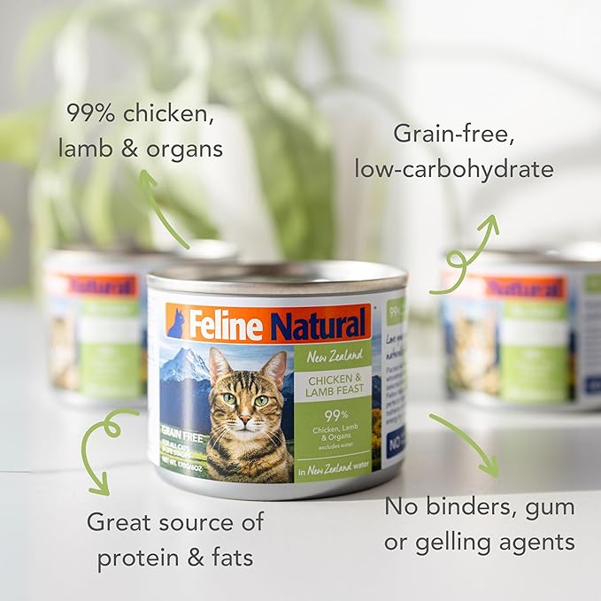 Feline Natural New Zealand Canned Catfood Wet Food, High-Meat, Low-Carb, & Grain Free Cat Food Wet, Chicken and Lamb Feast, 6 oz, Pack of 12