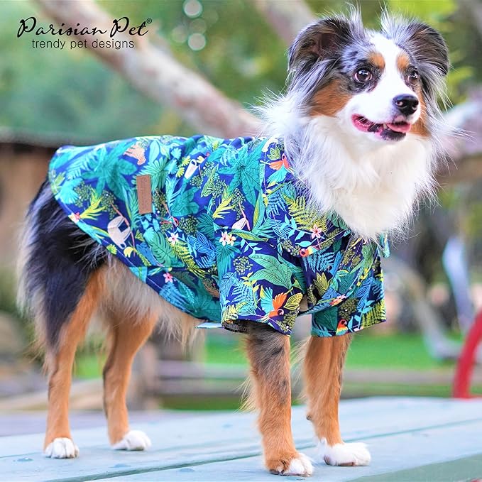 Parisian Pet Unisex Amazonia Shirt - Leafy Beach Outfit for Dogs - Cotton Summer Clothes - Stylish Hook and Loop Closure Costume - Machine Washable Shirts for Large Dogs - L