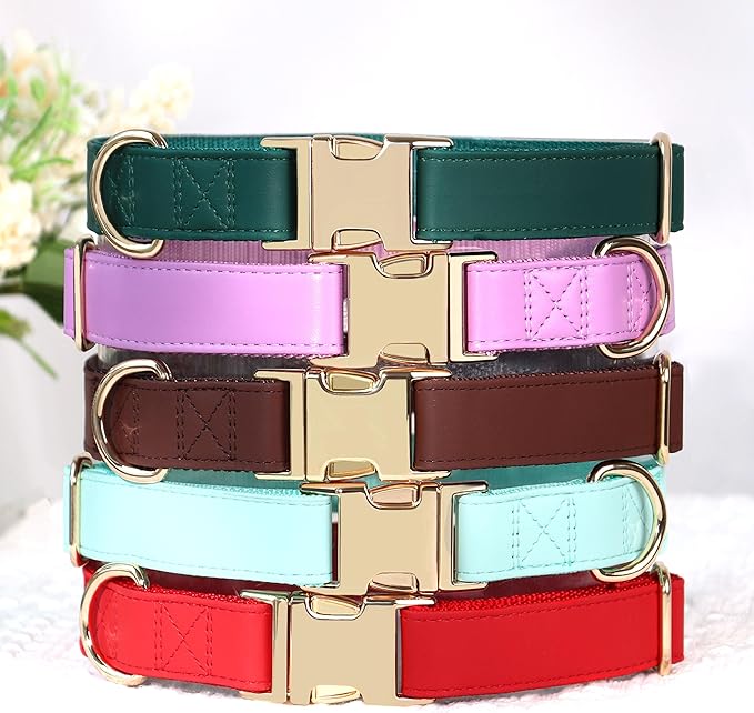 PET ARTIST Soft PU Leather Dog Collar, Bright Color & Durable Dog Collar Leather with Rose Gold Quick Release Metal Buckle, Adjustable Nylon Padded Pet Collars for Medium Dogs, Neck Fit 13-19"