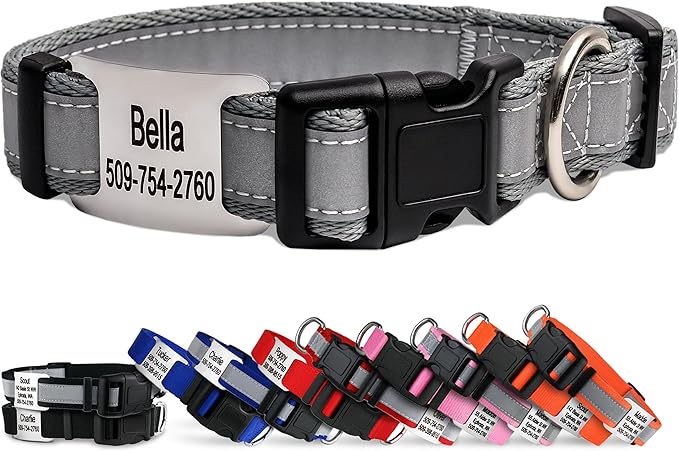 GoTags Reflective Personalized Dog Collar with Nameplate, Adjustable Dog Collar with Custom Engraved Steel Slide On Pet ID Tag, Silent, No Noise Dog Tag for Large Medium or Small (Light Gray, Medium)