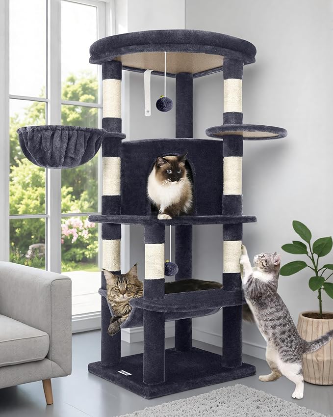 Globlazer Corner Cat Tree Tower for Indoor Cats, 51in Multi-Level Cat Condo Tower with Large Hammock, 7 Sisal Scratching Posts, Oversized Top Perch, Spacious Cat Cave, Hanging Basket, C51, Dark Grey