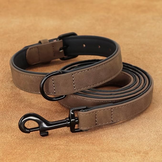 Didog Soft Padded Leather Dog Collar and Leash Set, Adjustable Dog Leash and Collar Set with Metal Buckle, Breathable Dog Collars with 4FT Leather Dog Leash for Small Medium Large Dogs, Brown, XL