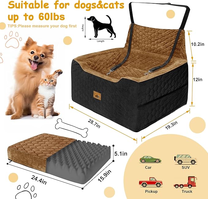 Dog Car Seat for Small/Medium Dogs, Memory Foam Dog Booster Seat, Travel Safety Per Car Seat with Washable Removable Cover, Storage Pockets for Dogs up to 35 lbs(BlackBrown)