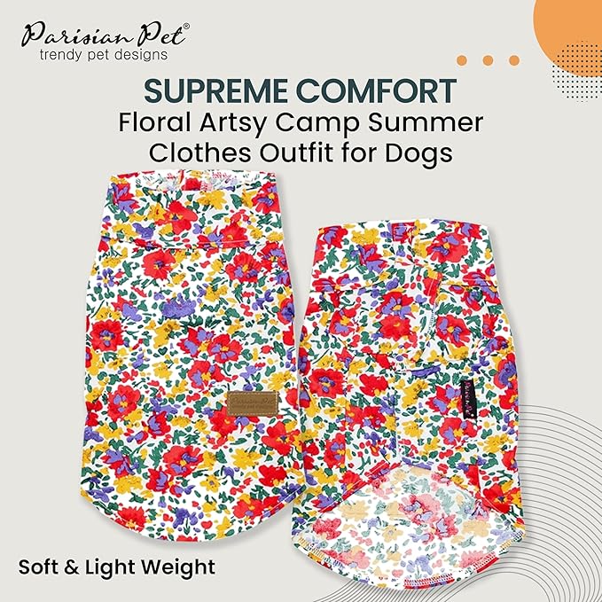 Parisian Pet Floral Dog Shirt - 100% Cotton Summer Clothes - Stylish Beach Outfit - Hook and Loop Closure - Machine Washable - XL