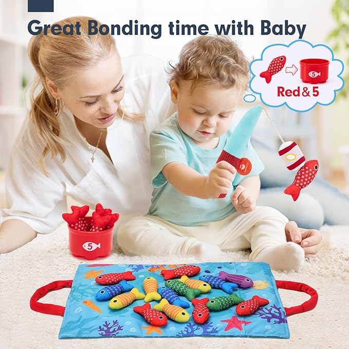 hahaland Montessori Toys for 1 Year Old - 10 in 1 Cloth Toddler Fishing Game with Stacking Cups, Baby Toy 12-18 Months One Year Old Boy Birthday Gift, Toddler Toys for 1 2 Year Old Boy Girl Gifts
