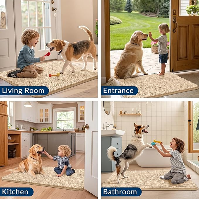 Smiry Dog Door Mat for Muddy Paws 59x35, Absorbs Moisture and Dirt Doormat, Non-Slip Washable Quick Dry Chenille Front Door Mat Indoor Entrance, Entryway Carpet for Inside Floor, Beige