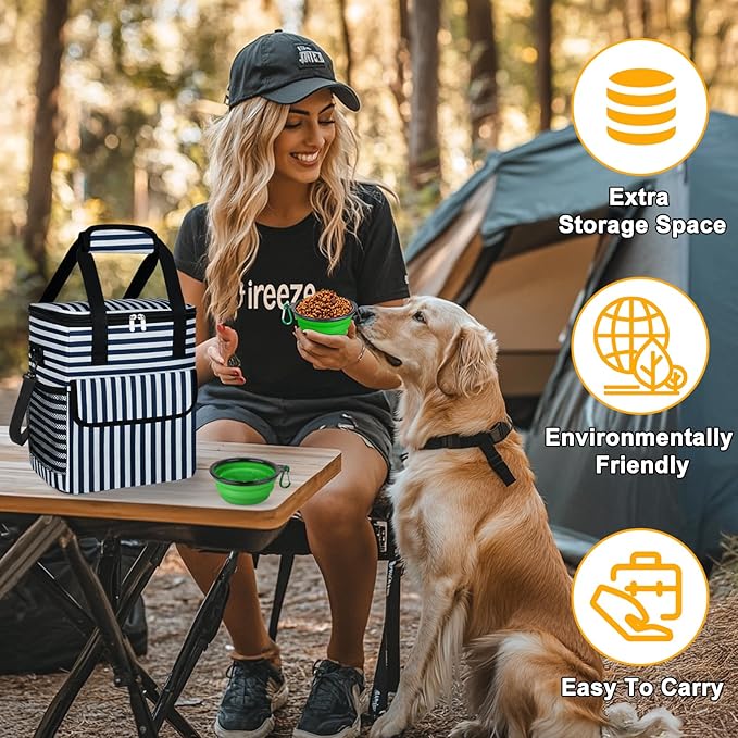 Dog Travel Bag for Camping - Pet Travel Accessories with 2 Collapsible Bowls, 2 Food Containers & Waterproof Feeding Mat - Portable Dog Carrier, Stripe (Small)