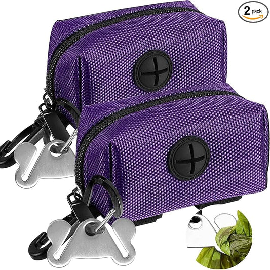 Dog Waste Bag Dispenser Pet Poop Bags Holder for Doggie Waste Bags Dispensers Soft Fabric Zipper Small Doggy Puppy Pouch for Leash Accessory Attachment with Carrier,2PCS Purple