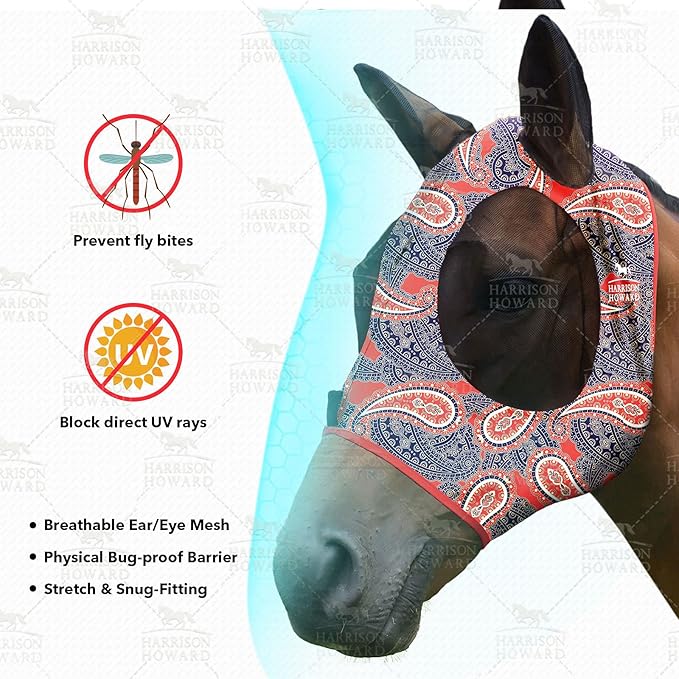 Harrison Howard Super Comfort Stretchy Fly Mask Large Eye Space with UV Protection Soft on Skin with Breathability Orange Paisley M Cob