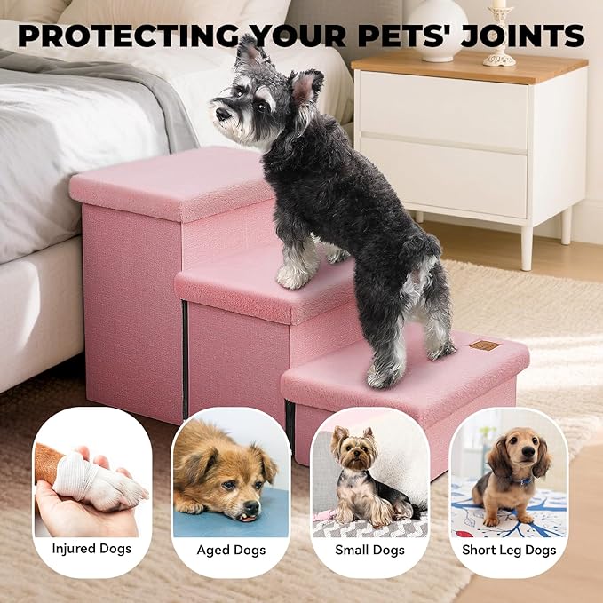 Dog Stairs with Furry Lids 18" H, 3-Step Wider Dog Steps with Storage for Small/Medium/Large Dogs Cats, Folding Sturdy Pet Stairs Climbing Bed or Sofa, Ramp for Car Hold Up to 200 lbs, Pink