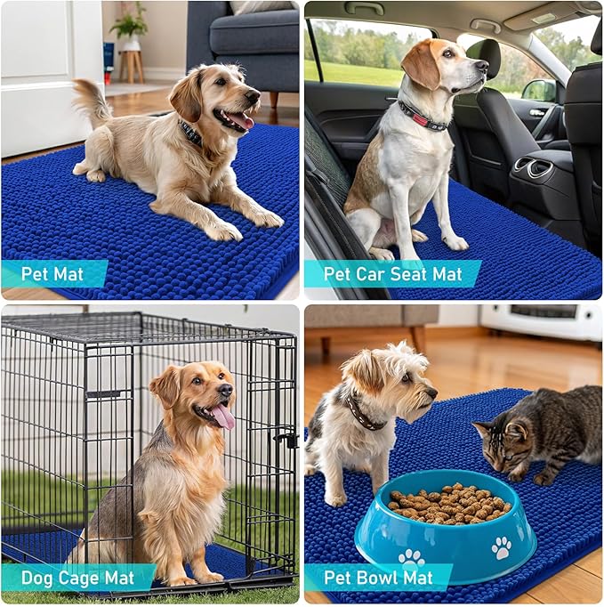 OLANLY Dog Door Mat for Muddy Paws 59x24, Absorbs Moisture and Dirt, Absorbent Non-Slip Washable Doormat, Quick Dry Chenille Mud Mat for Dogs, Entry Indoor Entryway Carpet for Inside Floor, Royal Blue