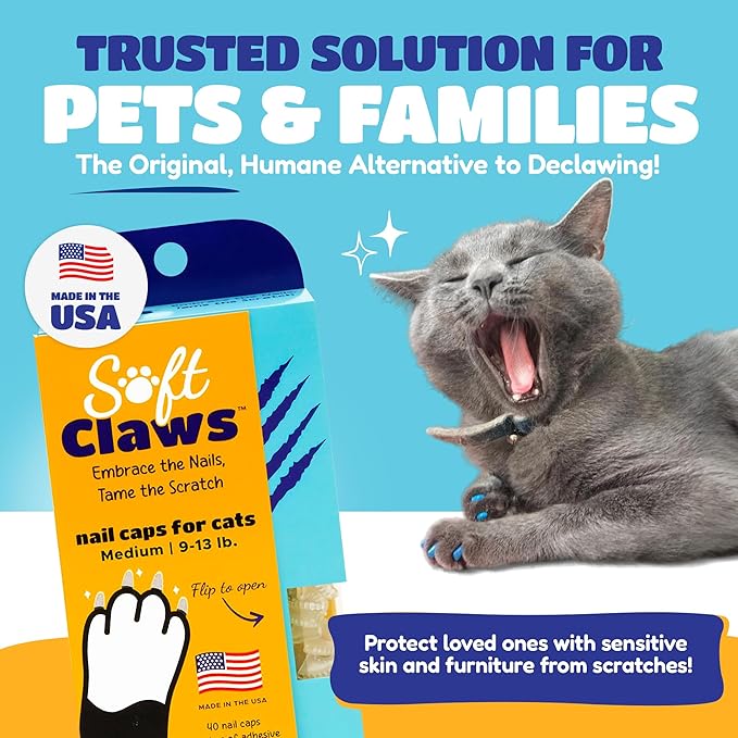 Soft Claws Cat Nail Caps for Medium Cats – (40 Caps, Blue) - Made in USA - Veterinarian-Developed | Protects Furniture & Skin - Easy to Apply, Long-Lasting Anti-Scratch Soft Cat Claw Covers