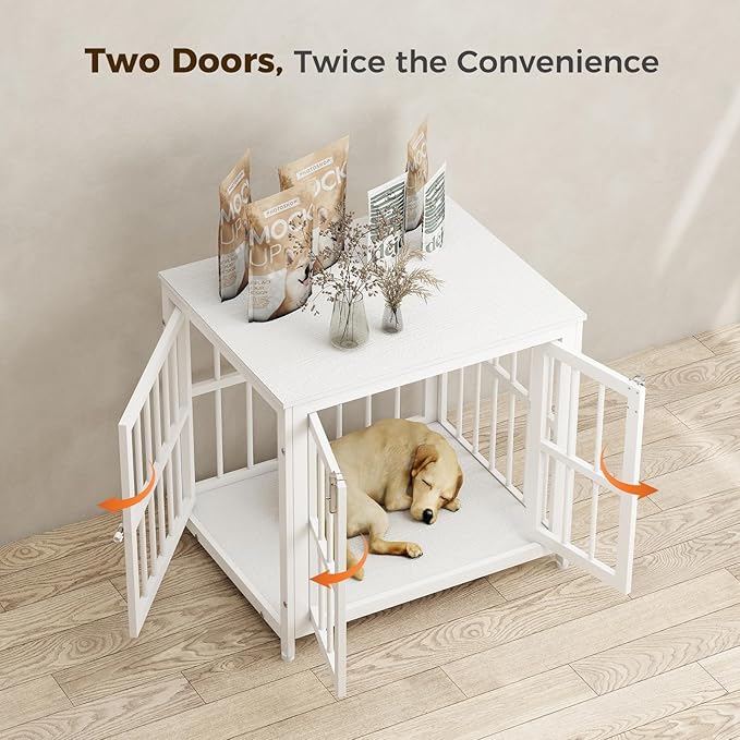 26 Inch Heavy Duty Wooden Dog Kennel End Table with Double Door Design and Secure Locks, Indoor Pet Crate Furniture for Small Dogs, Decorative Home Cage Design,White