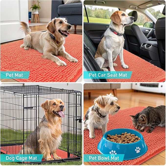 OLANLY Dog Door Mat for Muddy Paws 59x24, Absorbs Moisture and Dirt, Absorbent Non-Slip Washable Doormat, Quick Dry Chenille Mud Mat for Dogs, Entry Indoor Entryway Carpet for Inside Floor, Coral
