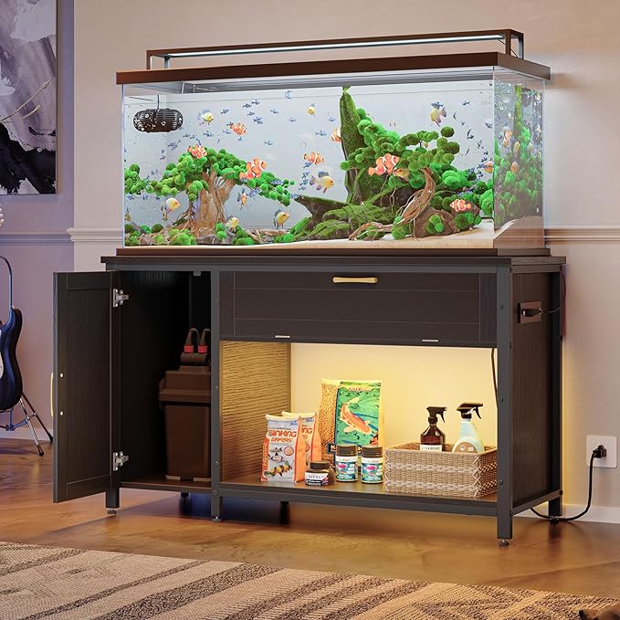 Bestier 55-75 Gallon Fish Tank Stand with Power Outlet&LED Light, 49x19 Heavy-Duty Metal Aquarium Stand with Cabinet&Drawer for Accessories Storage, Suit for Reptile/Turtle Terrarium, 726Lbs Capacity