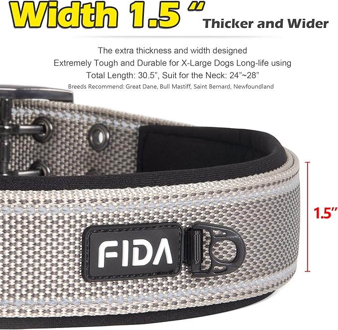 Fida Heavy Duty Dog Collar 1.5” Width, Ultra Soft Neoprene Padded, Adjustable Reflective Nylon Pet Collar with Two Metal Pin Belt Buckle for Large/X-Large Breeds (XL, Grey)