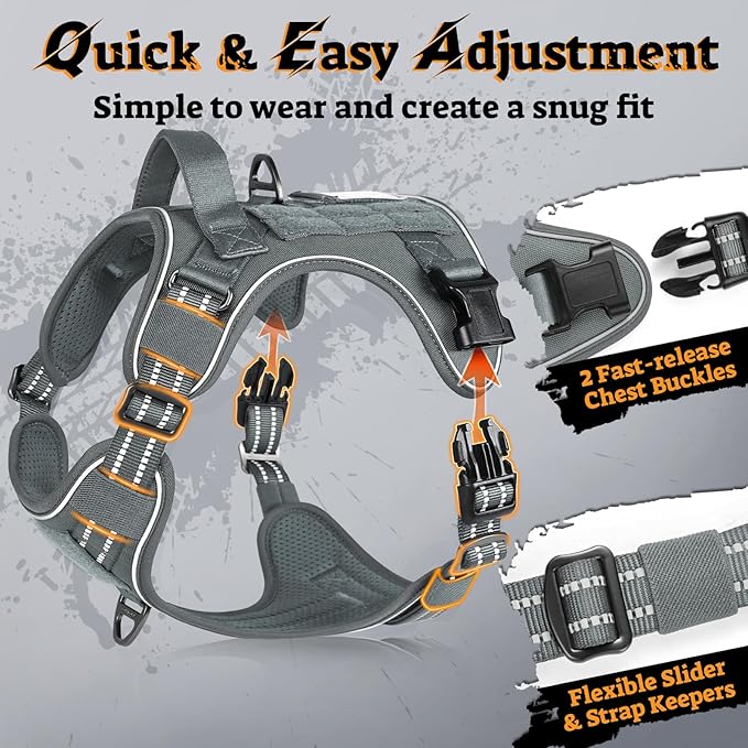 rabbitgoo Dog Harness Small Sized No Pull, Tactical Service Pet Vest with Molle and Control Handle, Adjustable and Reflective Military Harness for Easy Walking and Training, Grey, S