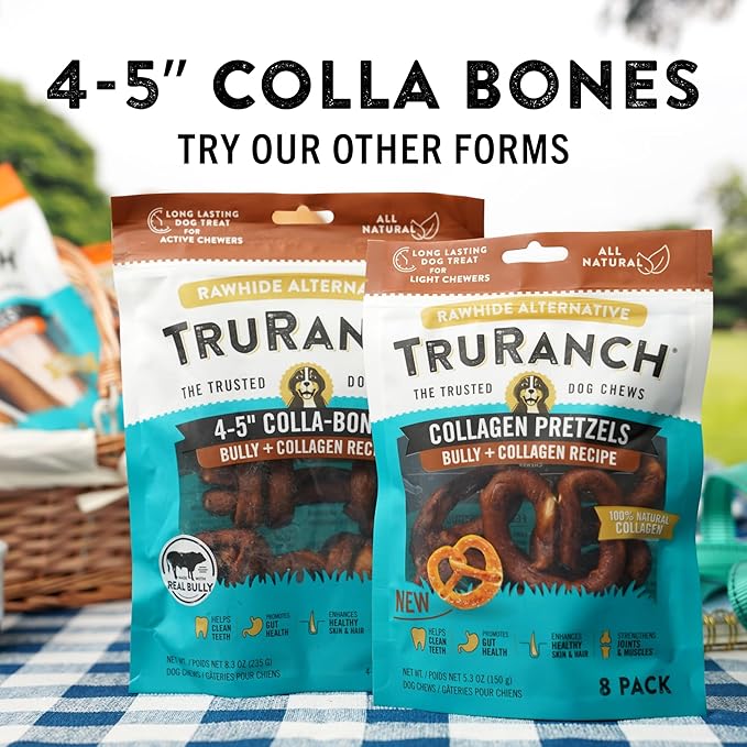 4-5" Collagen Bones, Bully - Collagen Dog Bones - Long Lasting Healthy Joint Support Dog Treat - Rawhide Alternative - Skin & Coat Health, 1 Bag, 4 Count