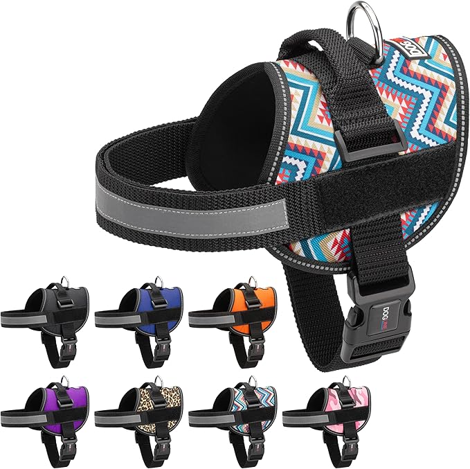 Dogline Dog Harness, Reflective No-Pull Adjustable Vest with Handle for Walking, Training, Breathable, No - Choke Harness for Small, Medium or Large Dogs Room for Patches Aztec Design 2 L 27"-34"
