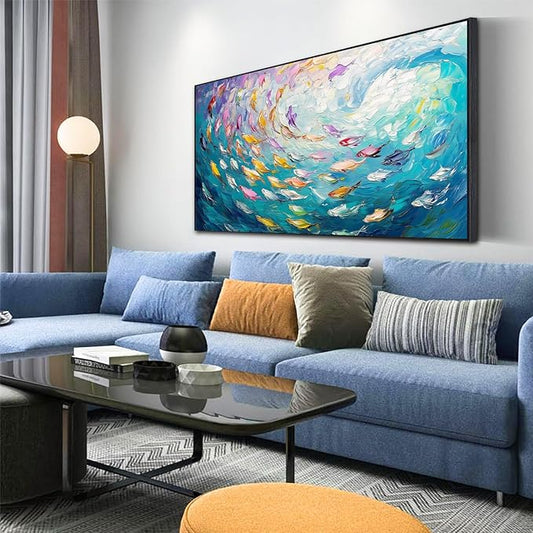 Fish Canvas Wall Art, Abstract School of Fish Canvas Wall Art, School of Fish Painting Canvas, School of Fish Wall Art, Fish Wall Decor, Fish Pictures Wall Decor, Bedroom Canvas Wall Decor (Black Framed, 59"x33" | 150x84cm)