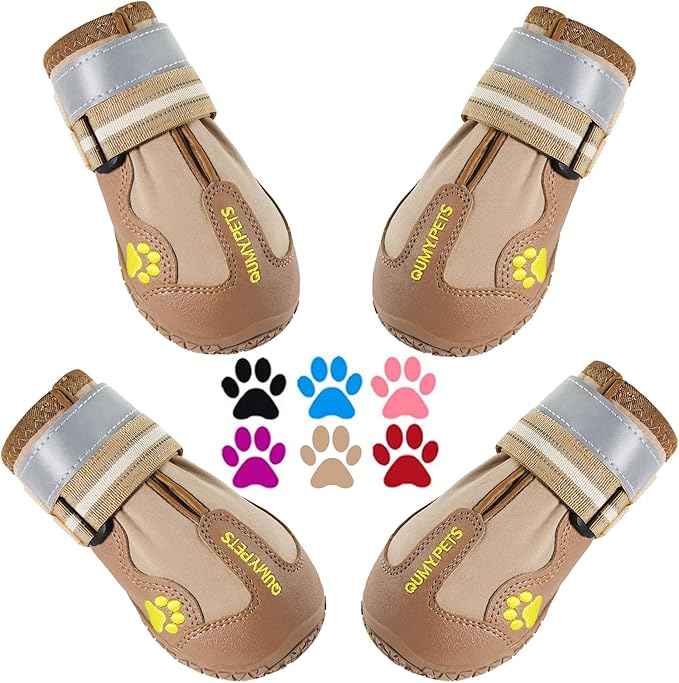 QUMY Dog Shoes for Large Dogs, Medium Dog Boots & Paw Protectors for Winter Snowy Day, Summer Hot Pavement, Waterproof in Rainy Weather, Outdoor Walking, Indoor Hardfloors Anti Slip Sole Khaki 4