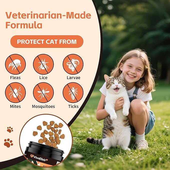 Flea & Tick Treatment for Cats – Natural Flea, Tick & Mosquito Prevention with Brewer’s Yeast, Coconut Oil – Skin & Coat Health, Immune Support – Vet Formulated 200 Chews