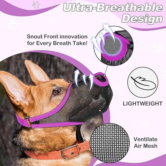 Dog Muzzle, Soft Air Mesh Muzzle for Small Medium Large Dogs Anti Biting Barking Chewing Scavenging, Breathable Adjustable Loop Pets Muzzle with Front Opening Design Allows Panting Drinking(Purple,XL)