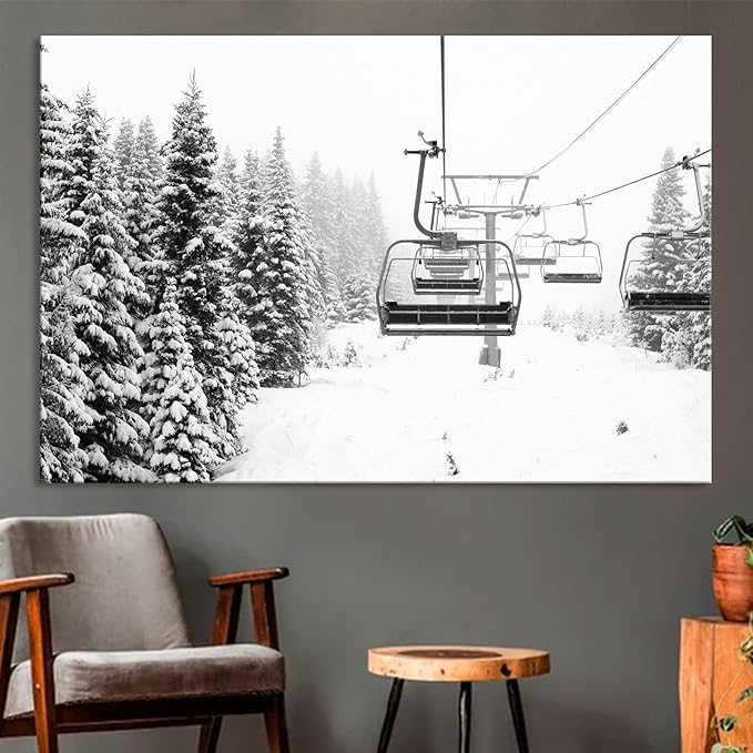 Nature Wall Art Prints - Ocean Forest Mountain Lake Canvas Landscapes - Small to Extra Large Living Room Bedroom Kitchen Bathroom Décor (Ski Lift on Snowy Mountain, 20L" x 30W")