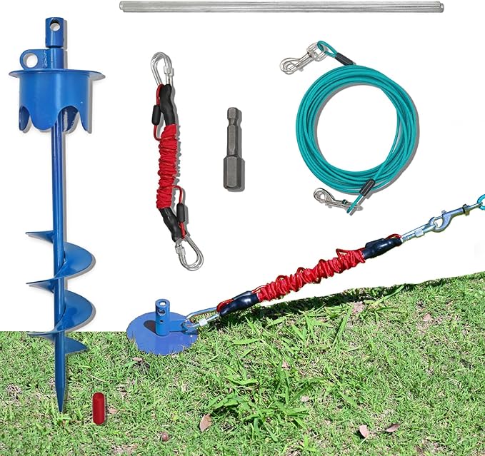 Dog Stakes for Outside Heavy Duty Hold up to 350Lbs Large Dogs Tie Out Tether Leash Chain for Yard Screw in Ground Anchors 17inch with Buffer Rope, Blue, 25 FT Steel Cable