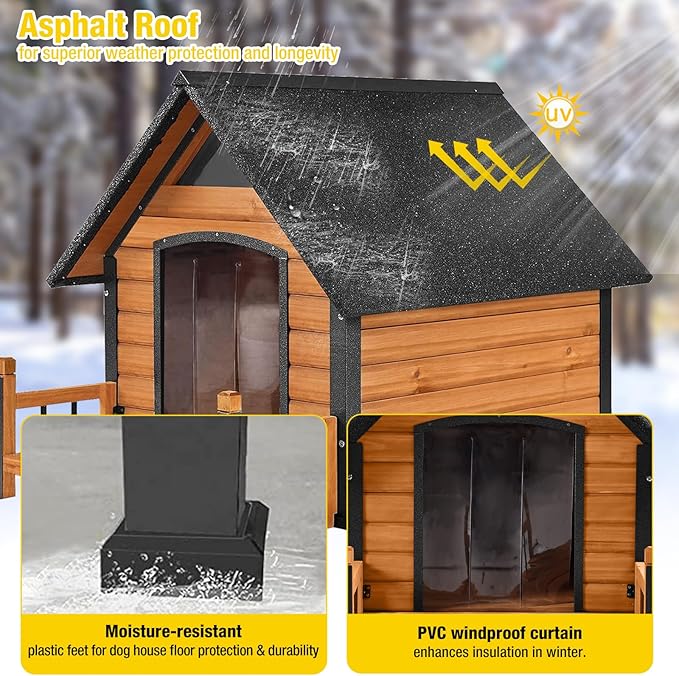 AIVITUVIN Outdoor Dog House Insulated Liner with Anti-Chewing Iron Surround Dog Kennel Dog Shelter Weatherproof (Brown, 45" D x 32.9" W x 32.6" H)
