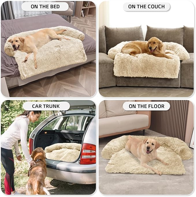 GGIB Calming Dog Bed Fluffy Plush Dog Mat for Furniture Protector with Removable Washable Cover for Large Medium Small Dogs and Cats (Extra Extra Large, Beige)